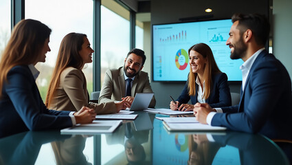Smiling business professionals collaborate in a modern conference room with data visualizations on a large screen