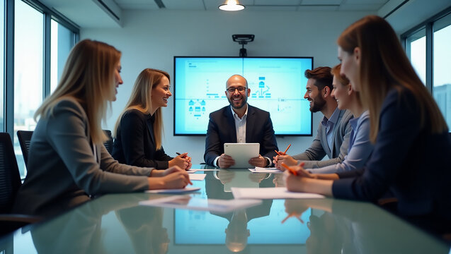 A diverse group of professionals in a modern conference room engaged in a meeting, with a focus on collaborative work and presentations