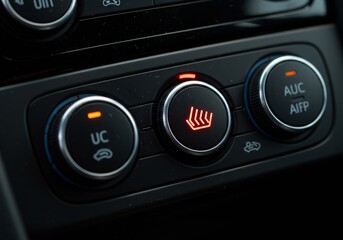 A detailed close-up of a modern car's climate control panel, featuring three sleek black rotary knobs and several illuminated buttons. The central knob, prominently lit in radiant red, displays a vibr