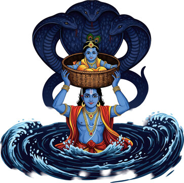 Vasudeva Carrying Baby Krishna Across Yamuna with Sheshnag &ndash; Janmashtami Divine Scene