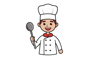 Happy Chef Cartoon: A cheerful cartoon chef smiles broadly, holding a cooking spoon, ready to create culinary delights.