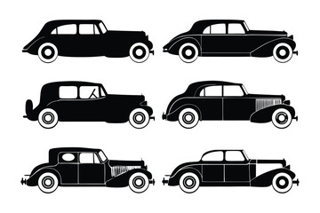Vintage Vehicles' Silhouette: A captivating collection of classic automobiles showcased in elegant black silhouettes, evoking an era of sophistication, timeless design and iconic vehicle shapes.