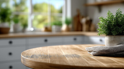 Soft-Focused Kitchen Interior with Wooden Table in Foreground &ndash; Ideal for Product Mockups, Home Decor, and Morning Routine Themes,round table, kitchen interior, sunlit window, blurred background, natu