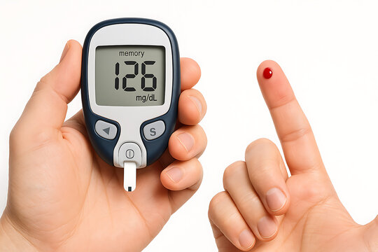 A person holding a blood glucose meter displaying a reading of 126 mg/dL next to a fingertip with a drop of blood, representing blood sugar testing for diabetes monitoring.