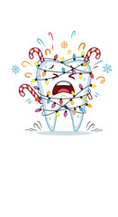 Cartoon tooth wrapped in Christmas lights, the concept of dental holiday stress