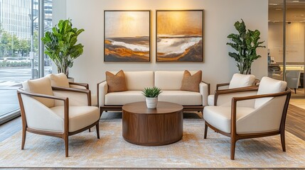 Modern waiting area with two abstract paintings and cream-colored furniture