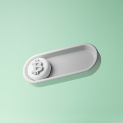 Neutral off toggle switch button with bitcoin sign isolated over lime green background. App slider concept. Mockup template. 3d rendering.