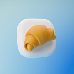 App icon with plain croissant sign isolated over blue background. 3d rendering.