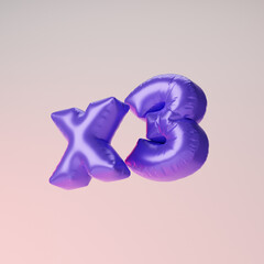 Inflated purple x3 symbol isolated over pink background. 3D rendering.