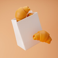 Falling paper bag with plain croissants isolated over orange background. 3D rendering.
