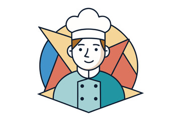 Chef's Portrait: A professional chef, clad in traditional attire, stands confidently against a colorful, geometric background, embodying culinary expertise and a dedication to the art of cooking.