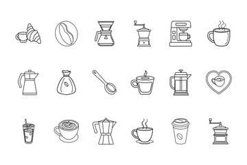 Line art coffee icons set including croissant coffee bean pour over grinder coffee maker more
