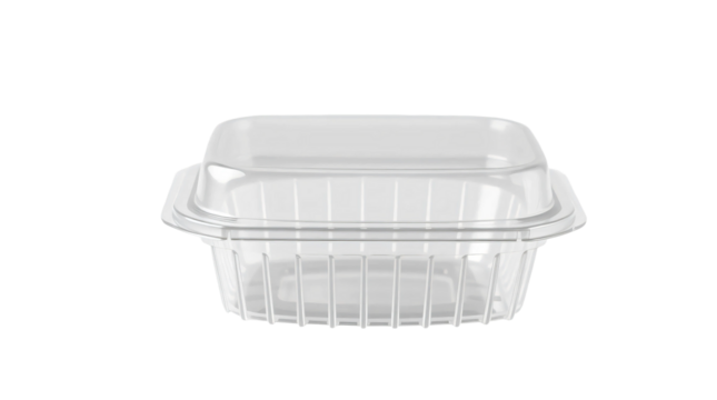 Blank plastic clamshell container suitable for food storage and packaging isolated on transparent background