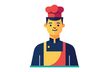 Culinary Artisan's Portrait: A minimalist, professional graphic design featuring a smiling chef in traditional attire, embodying culinary expertise and dedication.