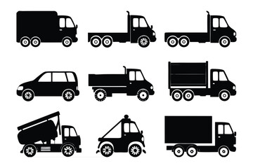 Transportation Silhouettes: A clean and modern array of various vehicle silhouettes, each meticulously crafted to represent different types of transport. Capturing simplicity and versatility.