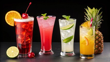 Sex on the Beach, Sea Breeze, isolated background. Mixology, bar menu cocktails, punch, Painkiller cocktail PNG set bundle, transparent colorful vibrant refreshing drink with garnish