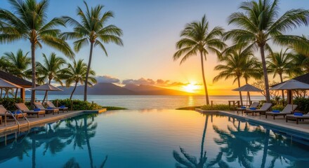 Fototapeta premium Serene Tropical Paradise Infinity Pool at Sunset with Palm Trees and Ocean View