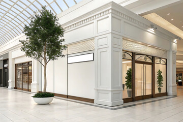 White retail storefront with blank signage tree in a mall interior with glass ceiling and wood trim
