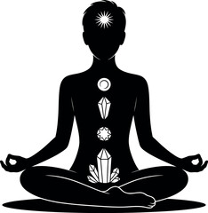 Meditating with Crystals silhouette on white background