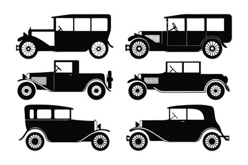 Vintage Car Silhouette Collection: A striking assortment of classic automobiles in monochrome silhouette, evoking the elegance and charm of bygone eras.