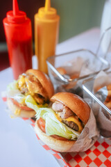 Classic Diner Cheeseburgers with Fries and Drinks