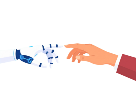 Hands of Robot and Human hands touching with fingers, Virtual Reality or Artificial I 