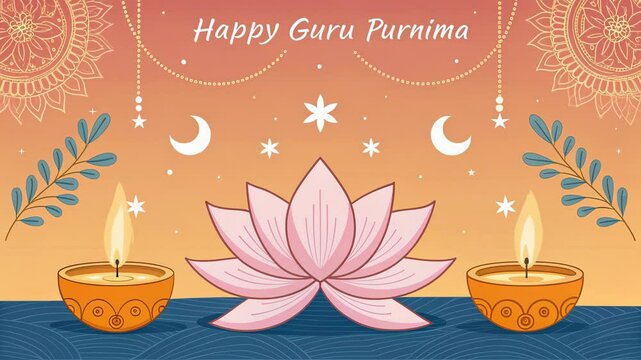 Decorative Guru Purnima graphic with lotus flower, stars, and calming tones, evoking peace and spiritual gratitude.
