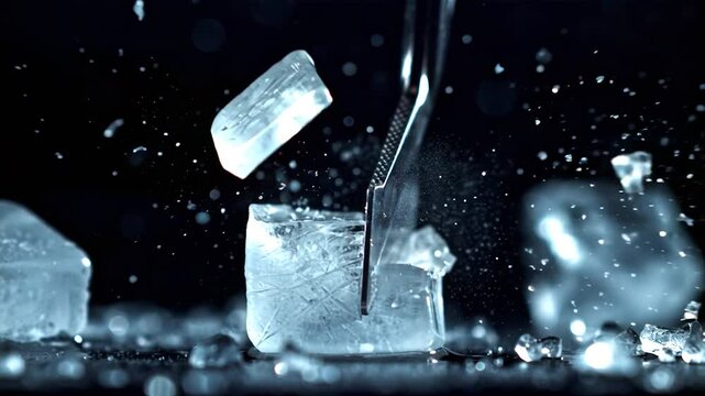 Artistic macro time-lapse: an ice pick strikes the ice block in slow motion, with the fracture and explosion unfolding gracefully.
