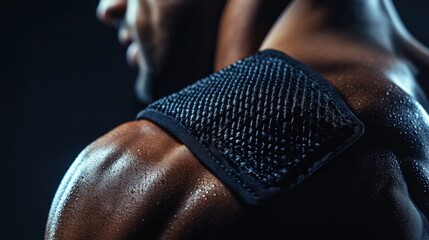 Close-up view of a dark support pad on a sweaty shoulder.