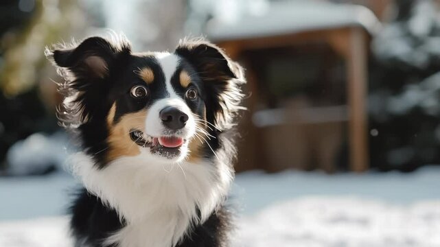 Close-up of an Australian Shepherd dog in snowy landscape, showcasing loyalty, intelligence, and winter beauty.
