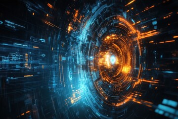 Futuristic abstract technology art with glowing orange and blue circuits image