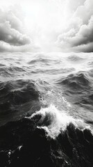 Ocean Waves Rolling Under Cloudy Sky in Black and White