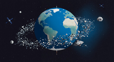 Naklejka premium Earth with Space Debris, Satellite and Spaceship