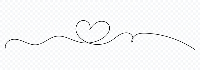Heart line drawing ribbon in vector doodle sketch. Love line art decorative element, elegant, valentine banner design. Line scribble heart thread vector illustration.