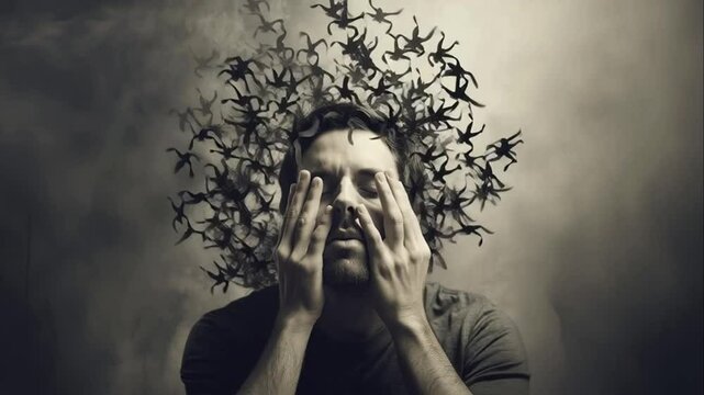 Inner Turmoil and Mental Conflict Depiction in Conceptual Footage. Concept of Inner Struggle, Internal Conflict, Mental Health, Anxiety, Schizophrenia, Overwhelming Thoughts.