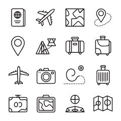 A collection of travelrelated icons including an airplane, passport, map, suitcase, camera, and location pin