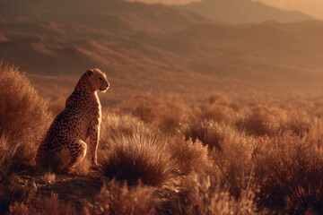 A cheetah sits regally in a vast golden landscape, gazing towards distant hills under a warm light.