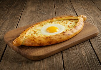 Oval-shaped Turkish pide filled with cheese and egg, baked to golden brown perfection, rustic wooden table