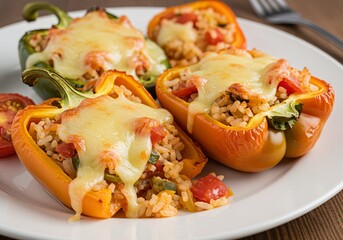 Oven-roasted bell peppers stuffed with rice, vegetables, and cheese, served on a white plate, close-up shot
