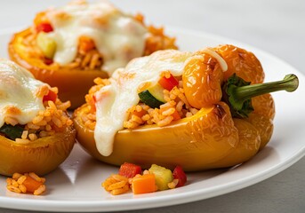 Oven-roasted bell peppers stuffed with rice, vegetables, and cheese, served on a white plate, close-up shot