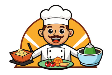 Happy Chef Cartoon: A cheerful cartoon chef proudly presents a delicious meal, showcasing fresh ingredients and culinary expertise.  