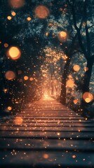 Fototapeta premium Walking Along Wooden Path with Bokeh Lights in a Forest