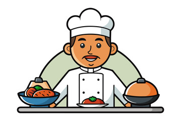 Chef's Culinary Showcase: A skilled chef, adorned in pristine whites, stands proudly behind a counter displaying an array of artfully prepared dishes, perfect for culinary delight.