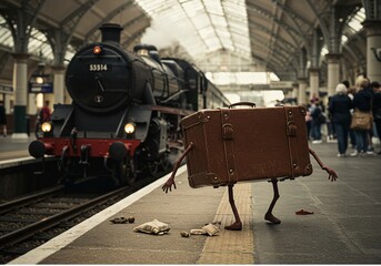 A suitcase with little legs, running to catch a train (and tripping) Travel Concept