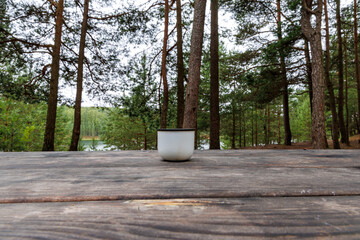 White Mug on Forest Picnic Table