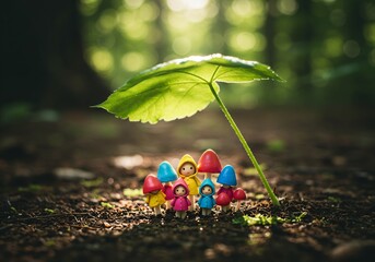 A group of mushrooms in tiny raincoats, huddling under a leaf umbrella