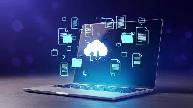 Laptop displaying cloud computing with files folders and upload download arrows on a blue background
