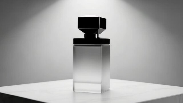 A monochrome image of a perfume bottle with a geometric cap on a white surface under lights