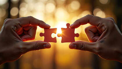 Two hands holding red puzzle pieces connecting in sunset background  