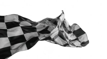 Black and white checkered flag waving in the wind on a gray background, png, transparent